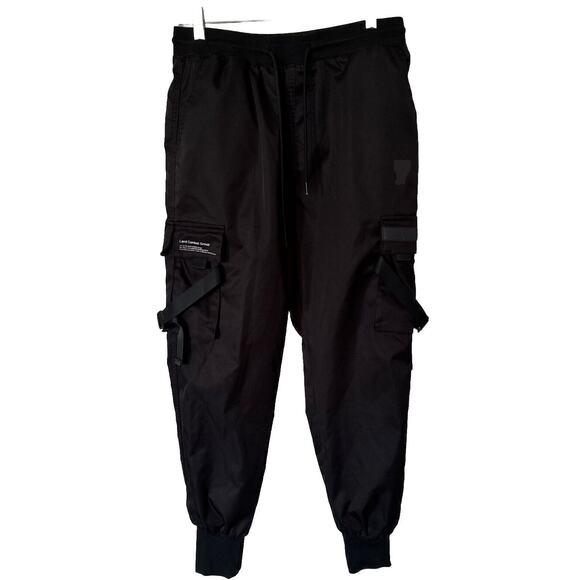 Black Jogger Pants Size M Flight Woven Elastic And Tie Waist Pockets Oversized - Picture 2 of 15